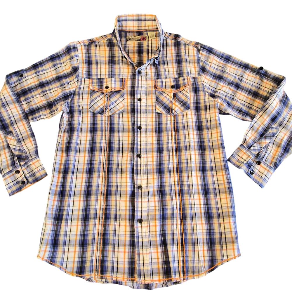Red Snap Mens Plaid Button Up Shirt Large Orange Chain Stitching
